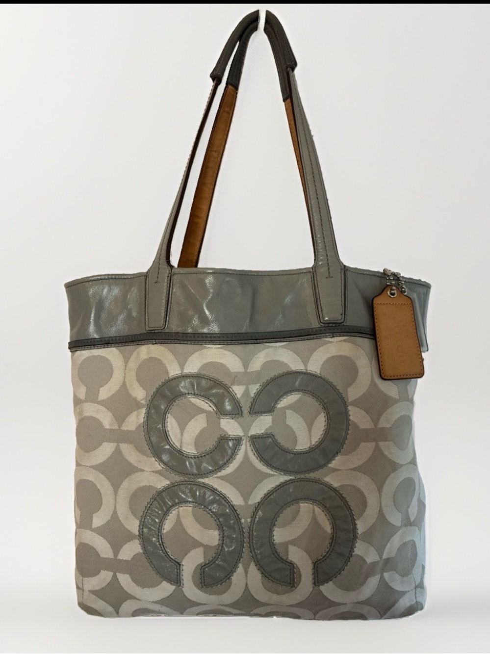 Coach Audrey Purse 17035 Op Art Signature Grey/White Leather Trim Tote 13x13”